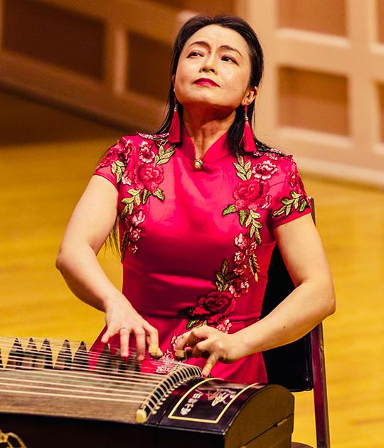 woman with long hair 和 pink outfit playing stringed instrument